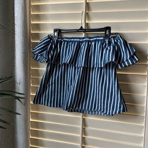Everly Blue and White Striped Off Shoulder Crop Top Small